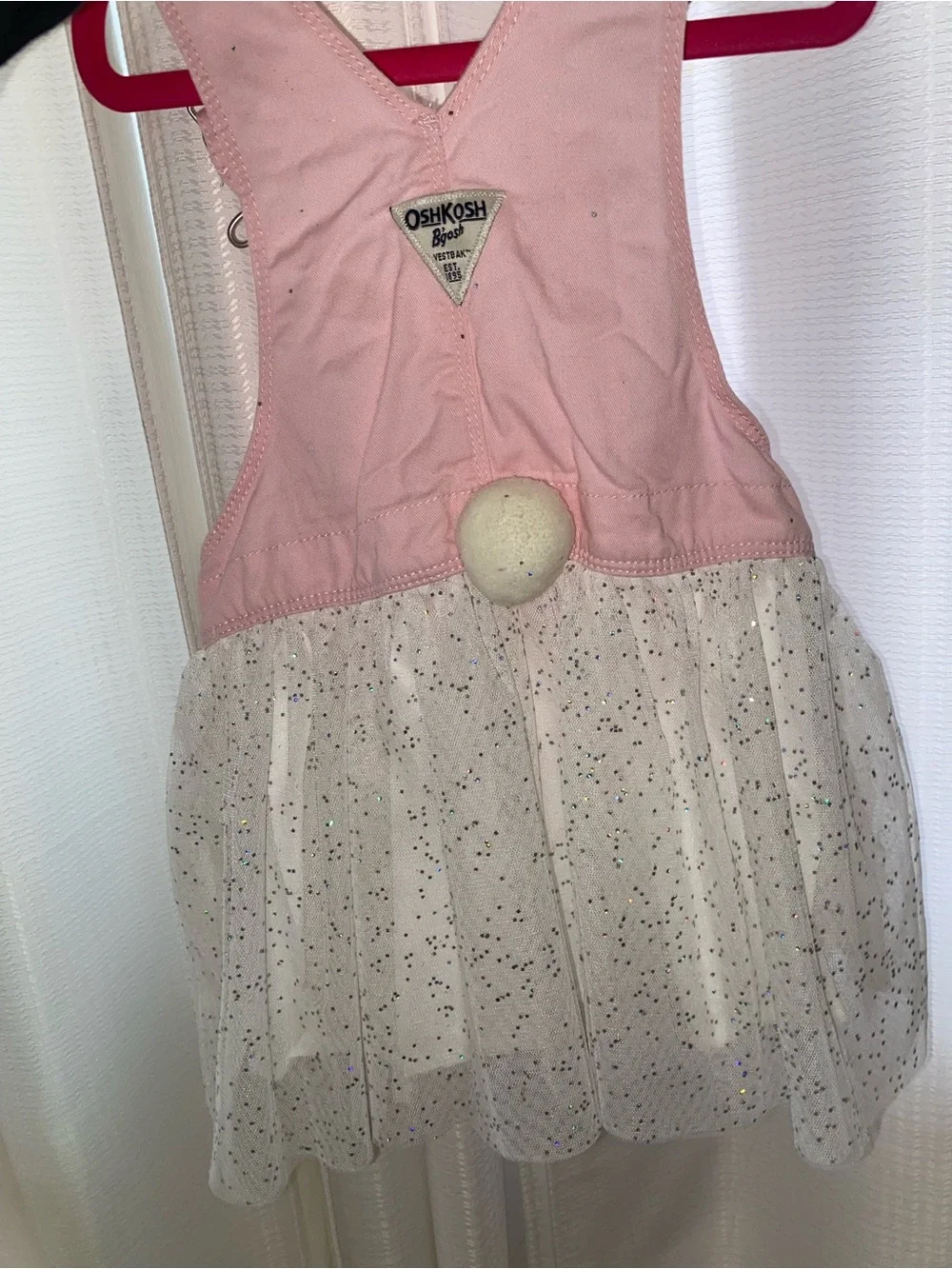 OshKosh B'gosh Pink Bunny Overall Dress Girls 3T Sleeveless Tulle Cotton Knee
